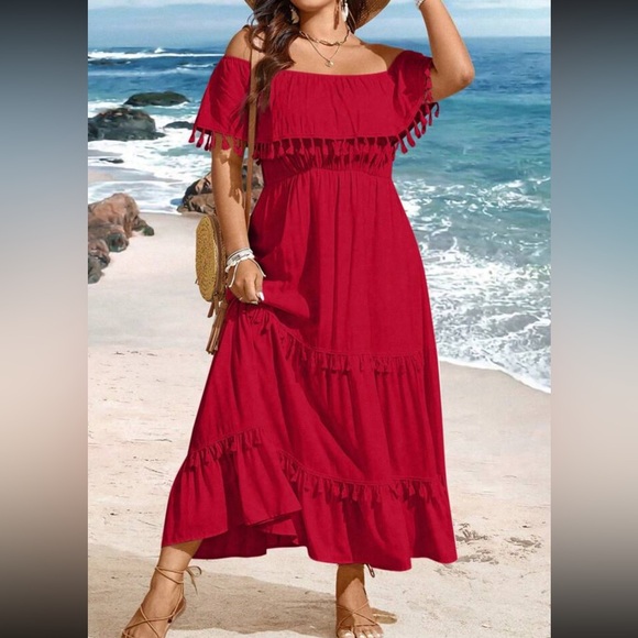 Boho plus size off shoulder tassel detail maxi dress - Picture 9 of 16